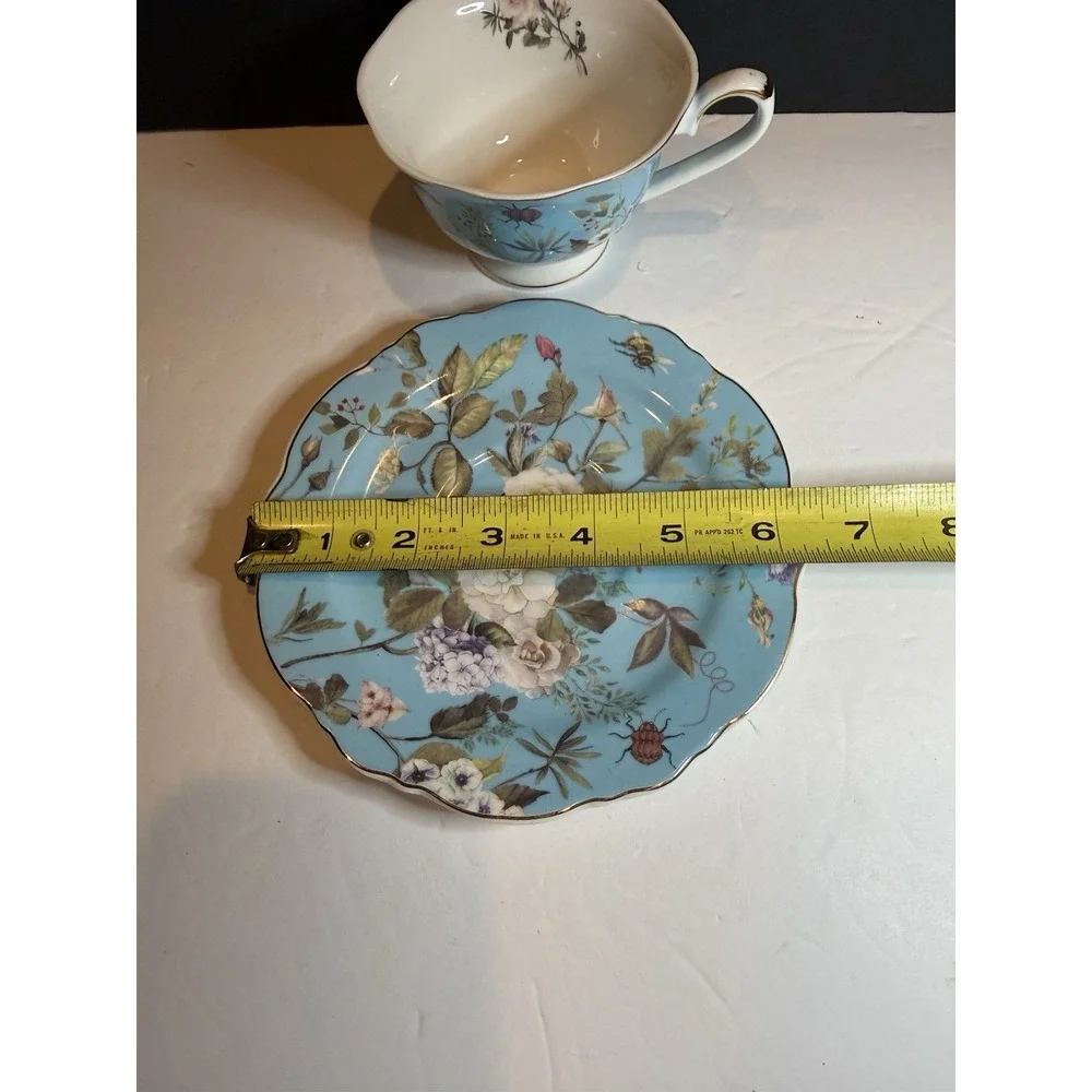 Grace Teaware Blue Floral Garden Oversized Teacup & Saucer Porcelain Gold Trim